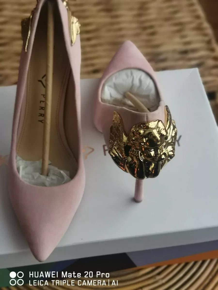 Katy Perry Pink Suede Gold Charmer Shoes heels with Lucky Angel size 5 BNWB