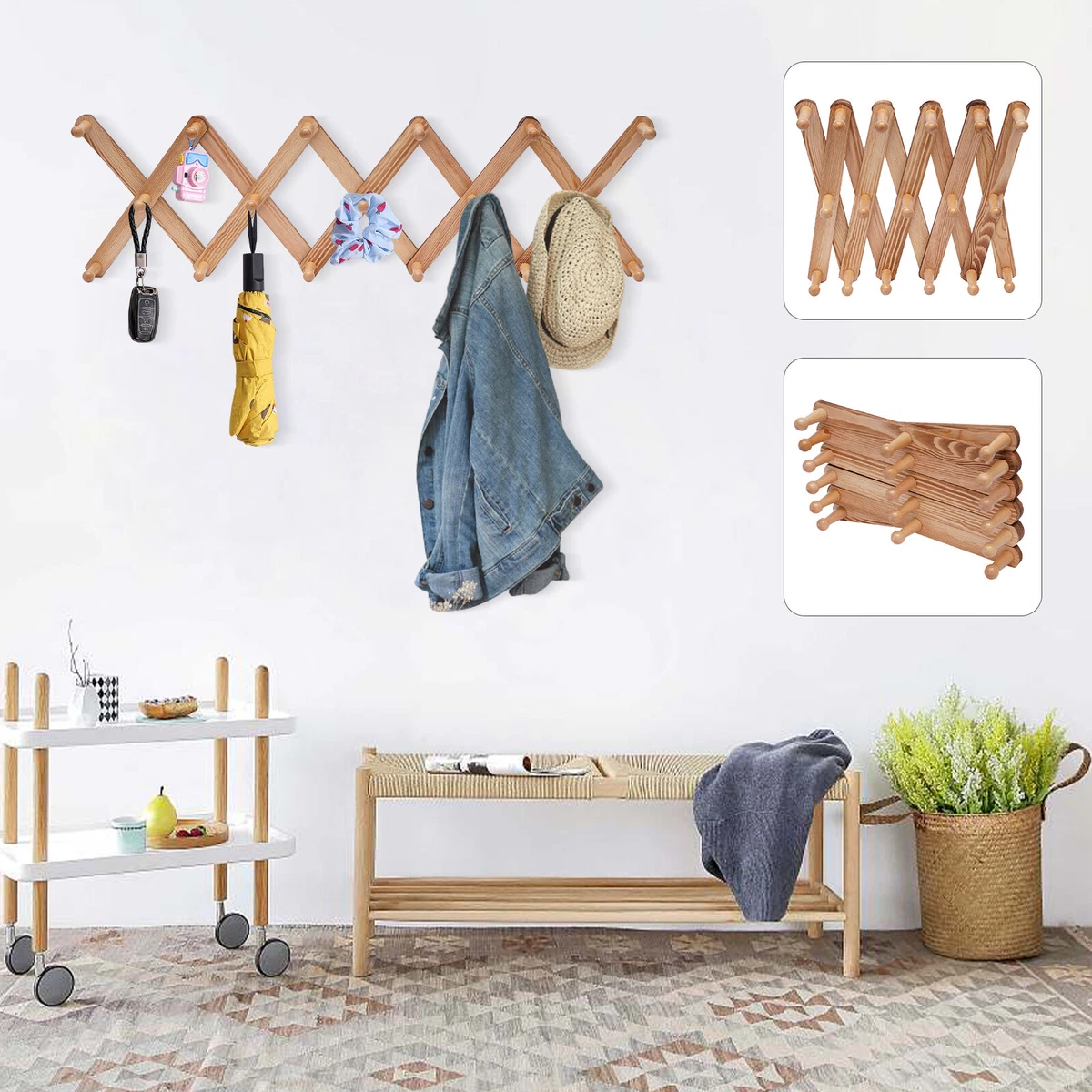 Accordian Wall Hanger Wooden Wall-Mounted Coat Hat Rack 17 Hooks Clothes  Hanger