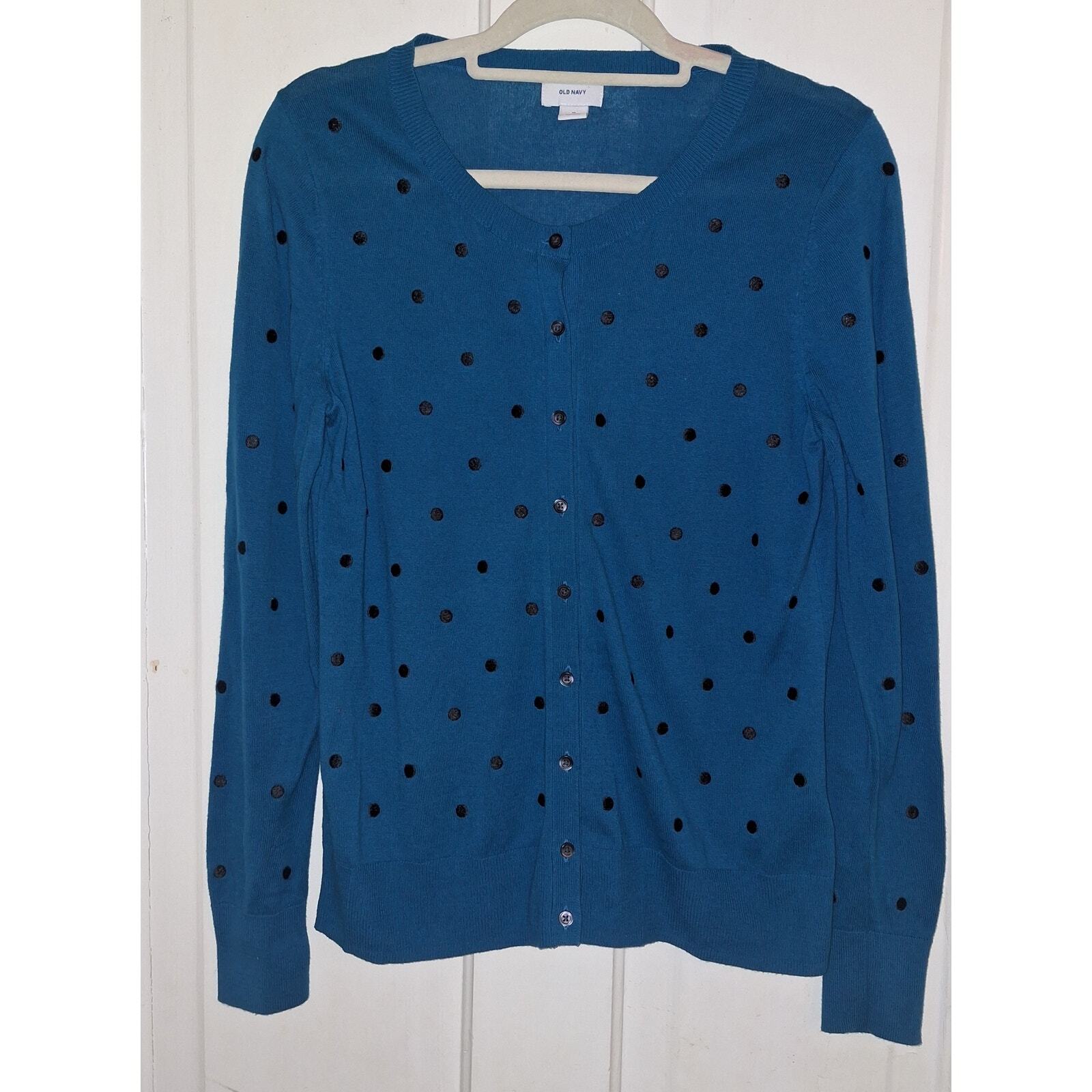 Old Navy Medium Turquoise Black Polka Dot Button Front Cardigan