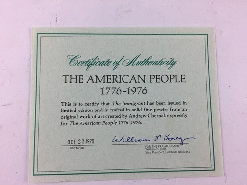 Franklin Mint 1976 The American People The Immigrant Pewter Figure ~ w/ COA - Picture 3 of 5
