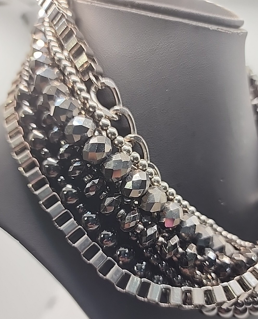 Brutalist Statement Collar Layered Silver Tone Ch… - image 5