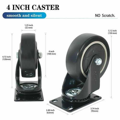 EOS Black Heavy Duty Castor Wheels 600KG 100mm Rubber Swivel Furniture Trolley - Picture 31 of 35