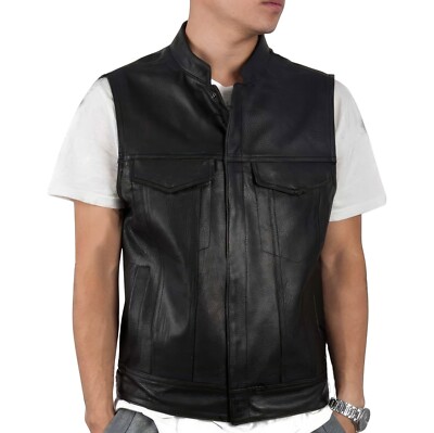 Men's Black Biker Cafe Racer Vest Genuine Leather Classic Hip Hop Punk Waistcoat