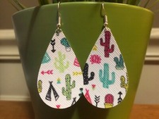 Faux Leather Earrings- Cactus Pattern- Tear Drop Design