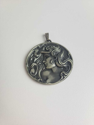 Art Nouveau Style Woman's Head Flowing Hair Pendant