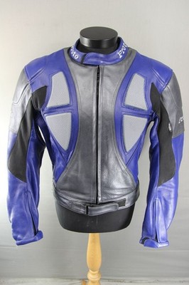 PROTO SILBER & BLAU LEDER BIKER JACKE MIT RÜCKEN, SCHULTER & ELLENBOGENPANZER 42IN