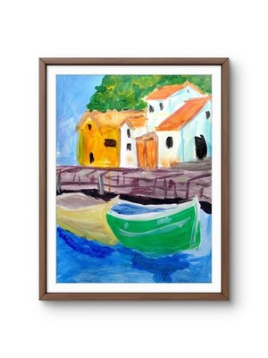 Original Fishing Boats 9x12 Acrylic Impressionist Soft Pastel Signed Decor Paper