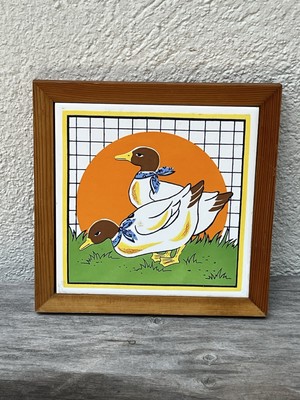 Vintage Framed Ducks Tile Gailstyn Sutton Retro 1980s Sun Trivet Wall Hanging
