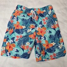 Place Sport Boys XXL 16 Swim Trunks Teal Orange Tropical Floral Mesh Line, EUC