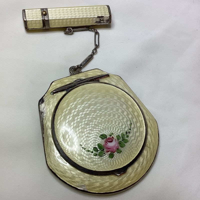 Vintage Guilloche Enamel COMPACT & LIPSTICK “as is” F.M.Co. FINBERG Rose Motif