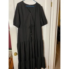 Womens Black Tiered Maxi Dress V Neck Tie Waist Puff Sleeve Casual Boho large