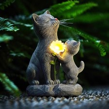 Solar Cat Garden Statue Outdoor Decor - Mother Kitten Figurines with Flower...