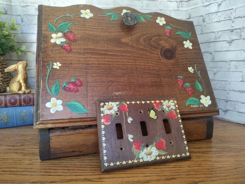 Vtg Wooden Bread Box With Handpainted Strawberries And Three Switch Wall Cover