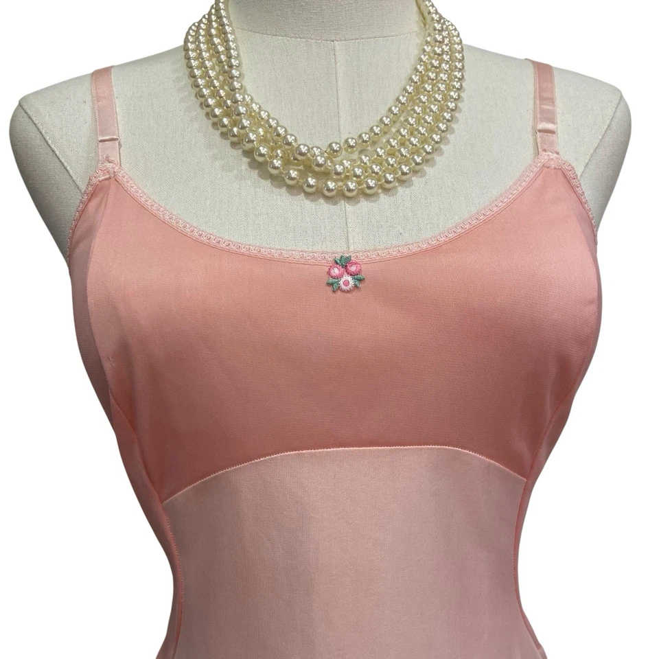 Vintage 50s Henson Kickernick Peachy Pink Nylon Rosebud Full Slip Dress Size M - Image 2 of 4