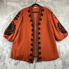 Chico  s Jacket Kimono Women  s XL 3 Burnt Orange Black Applique Tribal Linen