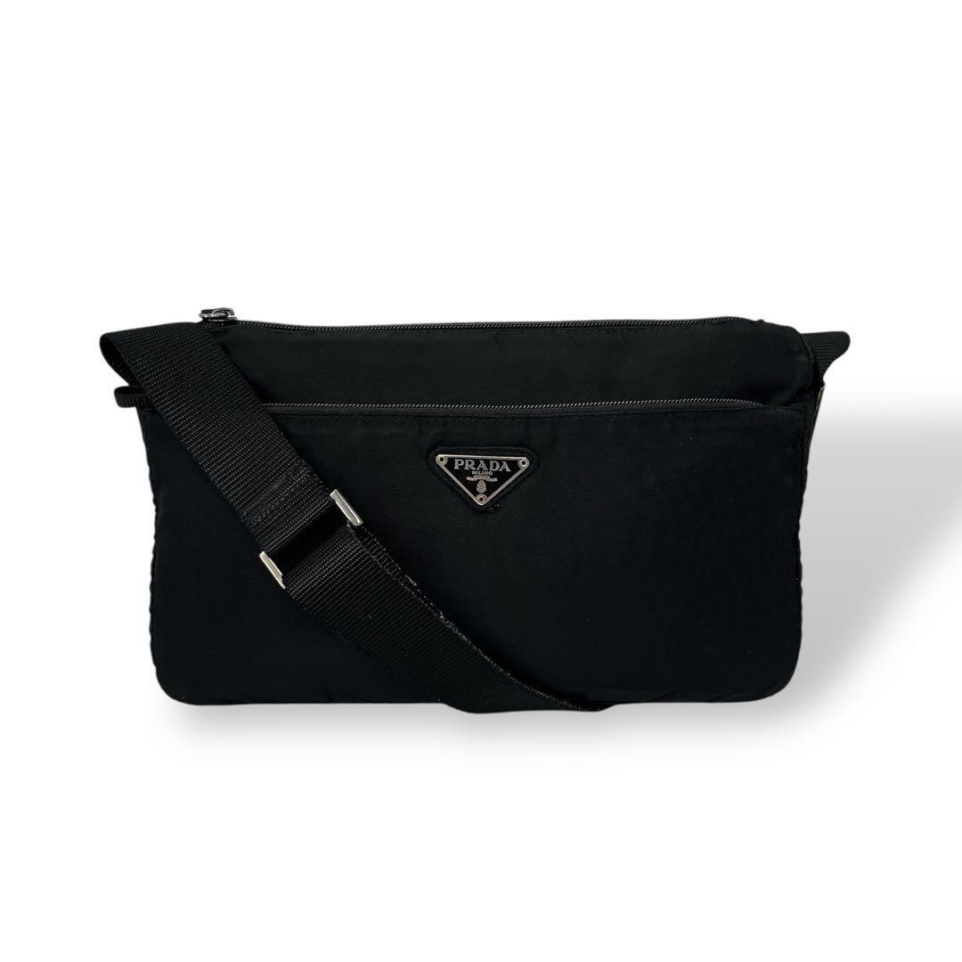 Prada Nylon Leather Black Shoulder Bag Y2K Triangle Logo Vintage Authentic