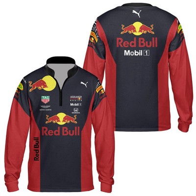 Custom Name Men's RedBulll Racing Team 3D Red Zip Long Sleeve Shirt S-5XL