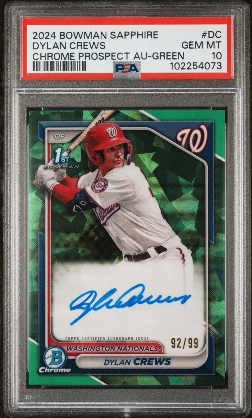 2024 Bowman Sapphire Dylan Crews Auto Green Refractor /99 PSA 10 Bowman 1st