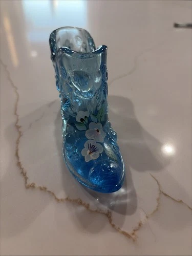 Fenton Blue Floral Hand Painted Glass Victorian Shoe Slipper 6 Inches Signed