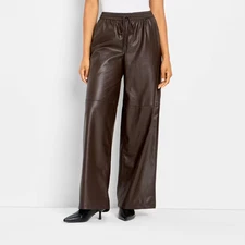 Women's Mid-Rise Wide Leg Faux Leather Pull-On Pants - Future Collective Brown