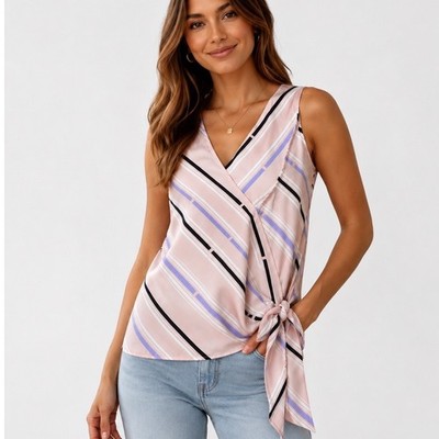Lush Pink Striped Surplice V-Neck Sleeveless Side Tie Knot Blouse Top Small NWT