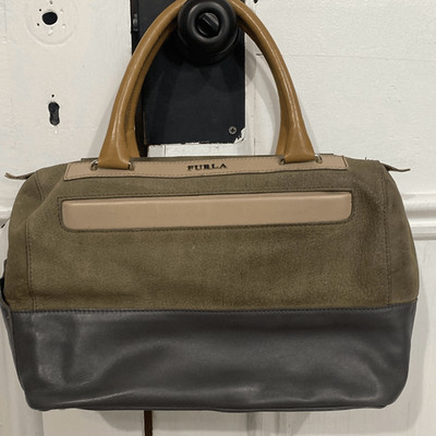 Furla Women's Genuine Leather Colorblock Shoulder Bag Tan & Gray