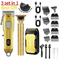 3Pcs Professional LCD Hair Clipper Trimmer Kit for Men USB-Rechargeable Barber