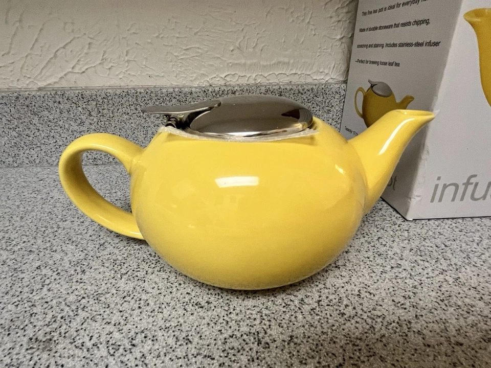 Bule de cerâmica amarelo com infusor de aço inoxidável 17 oz novo na caixa - Imagem 3 de 4