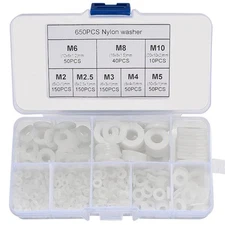 YOUYIDUN-650 Pcs White Nylon Flat Washer Assortment Kit, Round 