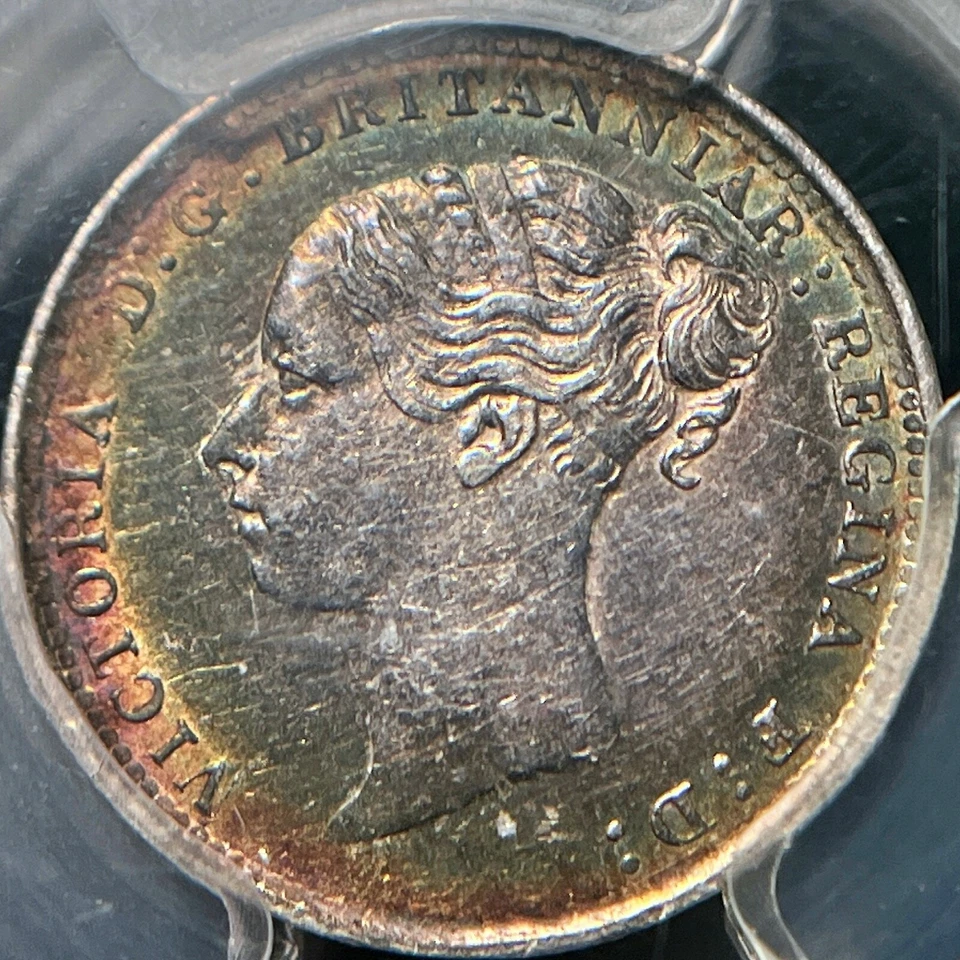 GREAT BRITAIN. 1881, 3 Pence, Silver - PCGS AU55 - Victoria, 🌈 Toned - Image 4 of 4