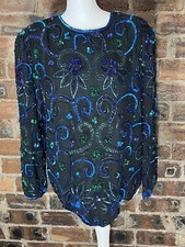 Vintage Scala Black Multi Sequins/beaded L/s Top Fits 16 Approx