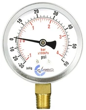 1-1/2" Vacuum Gauge-Chrome Plated Steel Case, 1/8"NPT, Lower Mnt. -30Hg/+60 psi