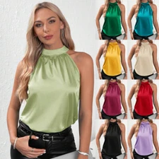 New Lady Summer Sleeveless Satin Tee Shirt Top Halterneck Blouse Cami Tank