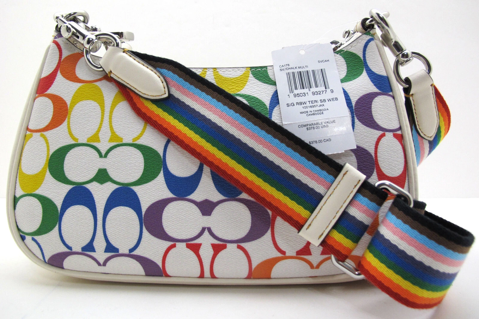 NUOVO autentico cinturino a tracolla COACH TERI firmato arcobaleno gesso multi CA176