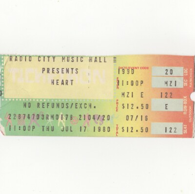 HEART & IAN HUNTER Concert Ticket Stub NYC 7/17/80 RADIO CITY MUSIC HALL Rare