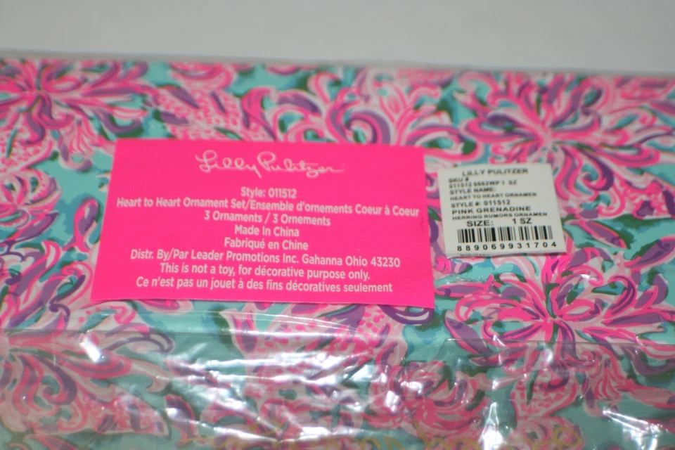 Juego de 3 adornos corazón a corazón Lilly Pulitzer #011512 rosa granadina NUEVO Foto 3 de 4