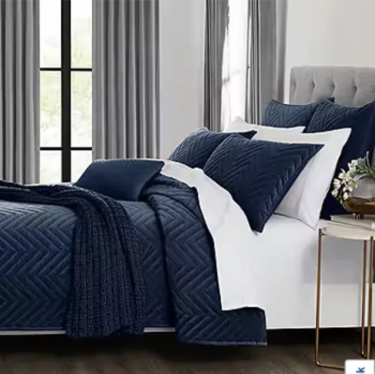 Fieldcrest Lujo Algodón Chevron Terciopelo Cobertor/Colcha Completa/Queen Azul Marino $190 Foto 2 de 4