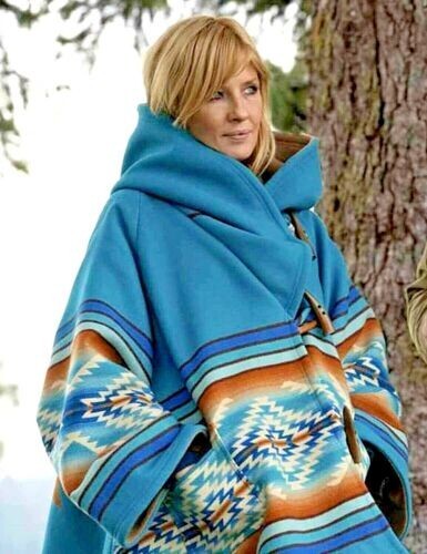 Kelly Reilly Jacket Beth Dutton Yellowstone Blue Hooded Fleece Poncho Women  Coat | eBay