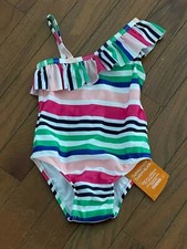 Gymboree Girl Blue Green Pink White Striped Ruffle Swimsuit Size 6-12 months New