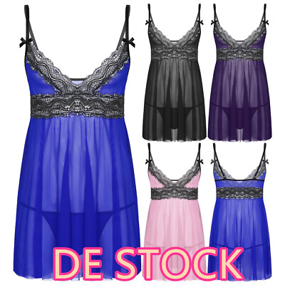 DE~Herren Kleid Sissy Dessous Nachthemd Kleid Babydoll mit Spitzen Saum G-String