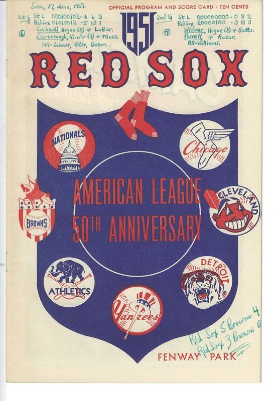 JUNE 17, 1951 PROGRAM- RED SOX VS ST. LOUIS BROWNS-TED WILLIAMS CAREER HR #306