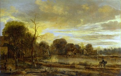 Neer Aert Van Der a River Landscape with a Village Vintage Kunstdruck Poster Wand
