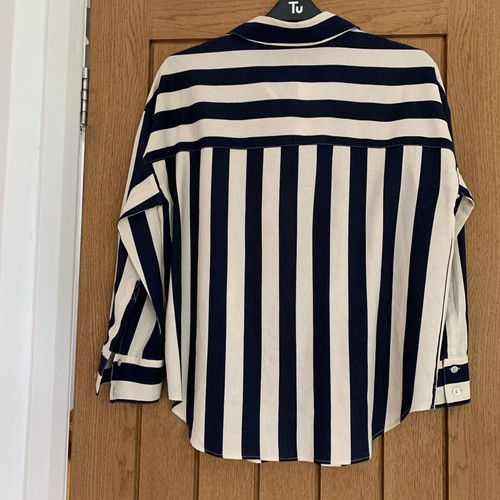 Zara Navy/ivory Striped Linen Blend Top Size S NEW - Picture 5 of 7