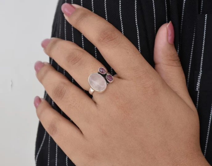 Anillo de piedra de cuarzo rosa y Rvby hecho a mano anillo de plata de ley 925 todos los tamaños R341 Foto 2 de 3