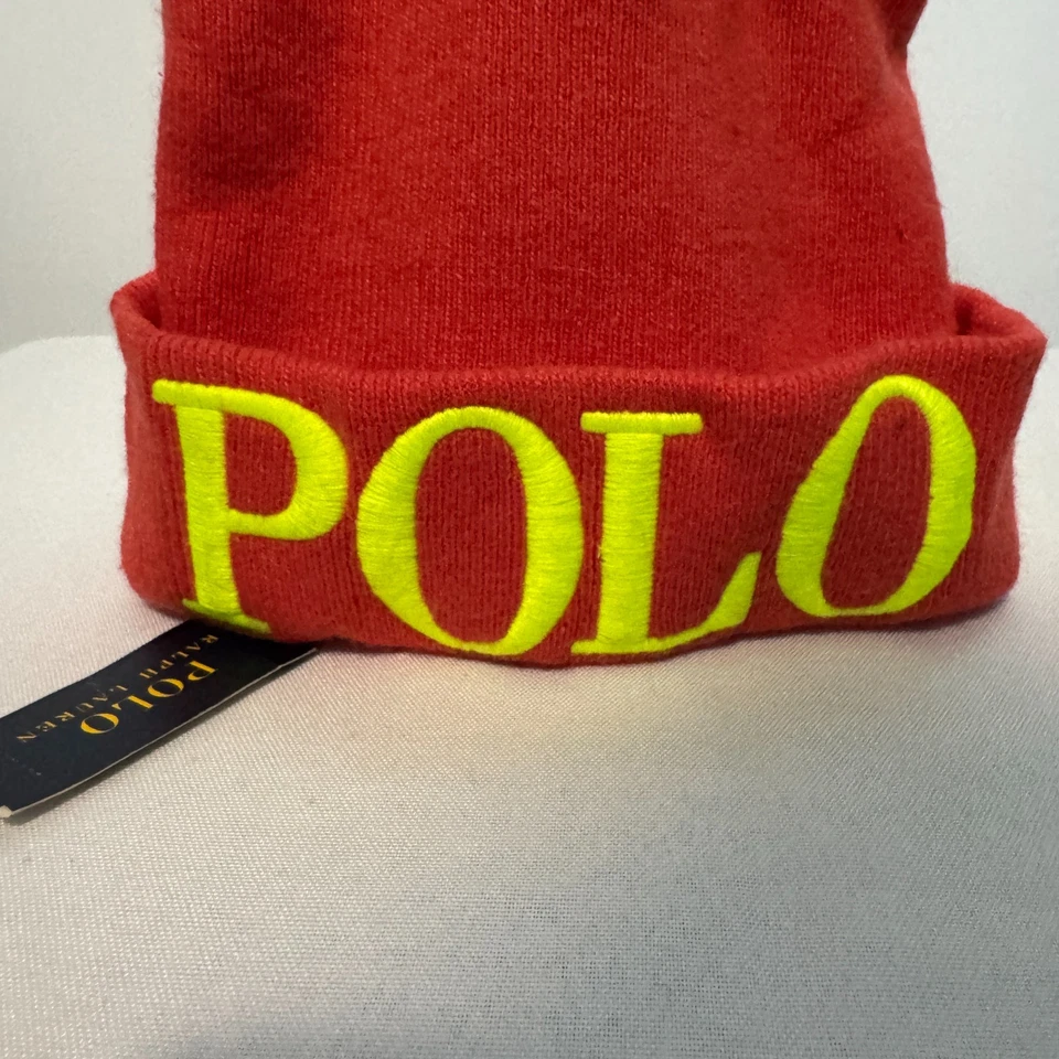 Polo Ralph Lauren Gorro Naranja Amarillo Neón Logo Calavera Gorra Puños Tejido Nuevo con Etiquetas Foto 2 de 4