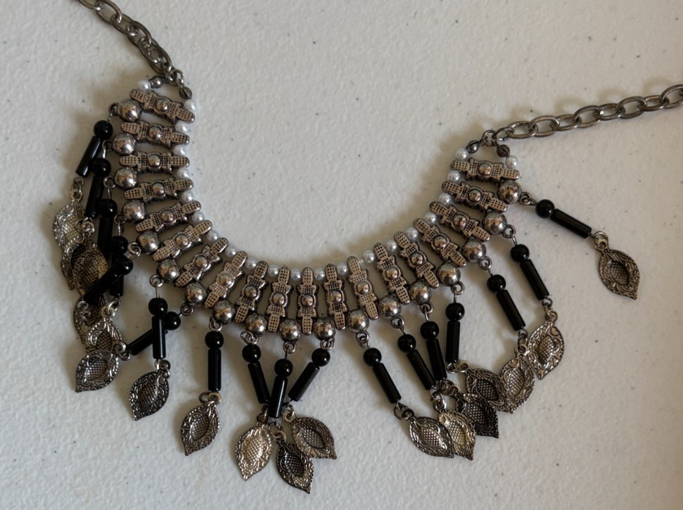 Chic Black and Silver Leaf Statement Necklace - image 4