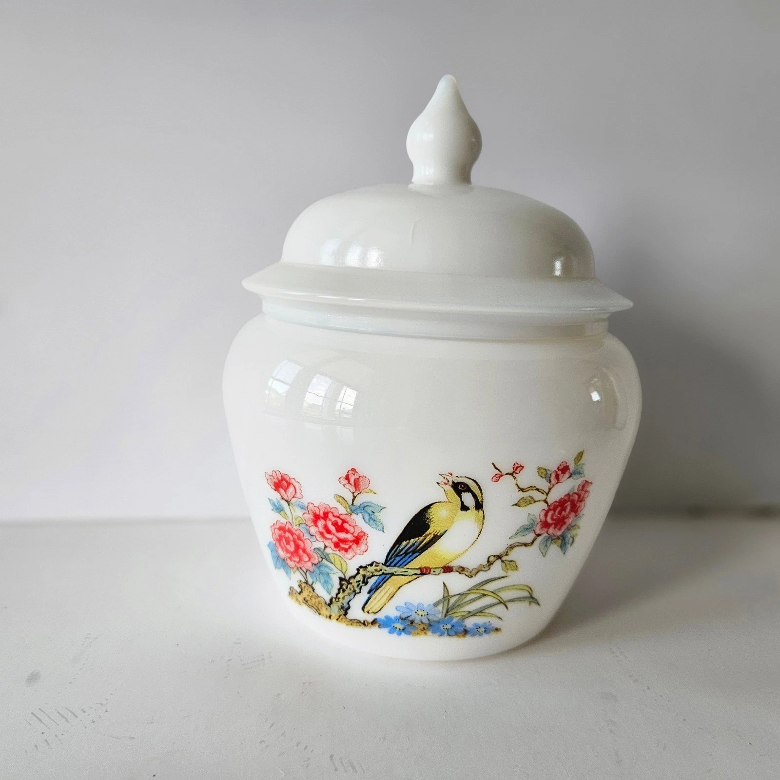 Vtg Avon Milk Glass Songbird Ginger Jar with Lid Floral Apothecary 1970s
