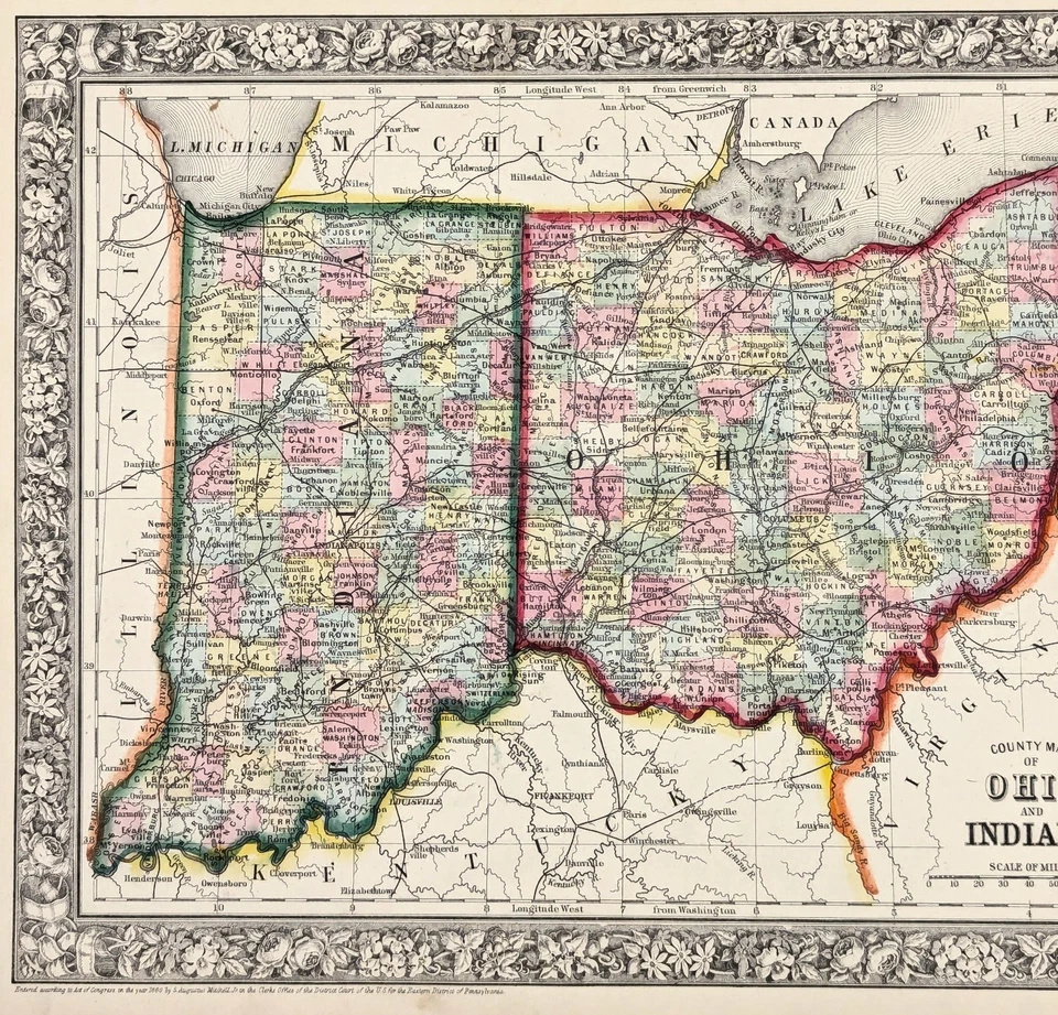 1864 OHIO - INDIANA Map ORIGINAL  (13X10.5) RAILROADS - COUNTY - TOWNSHIPS - Image 3 of 4