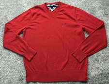 Tommy Hilfiger Sweater Mens L Red V Neck Pima Cotton Knit Pullover Solid Logo