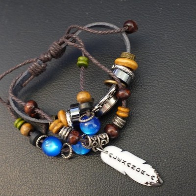 Alexandria Personalized Boho Bracelet Leather Stack Hippie Indie Name Blue Beads